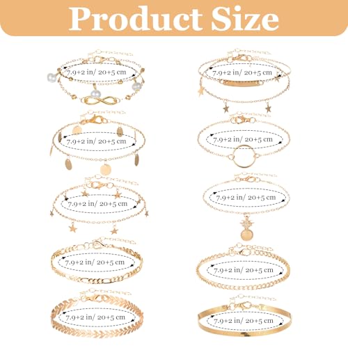 Image of 12pcs Gold /Silver Ankle Bracelets for Women Layered Waterproof 14k Cuban Link Chain Anklets Set Adjustable Dainty Summer Beach Gold Accessories Boho Bracelet Jewelry