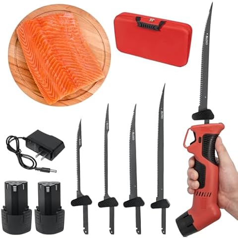 VLOXO Cordless Electric Fillet Knife with 4 Ti-Nitride S.S. Coated Non-Stick Blades & 2 Batteries Safe Lock Non-Slip Grip Handle Rechargeable Electric Fishing Knife Outdoor Edge Knife for Fishing Cover
