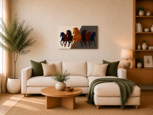 Image of 7 Horse Vastu Sunrise Canvas Painting | Positive Energy Wall Decor | Big Size Premium Running Horses Artwork for Home, Office & Hall Decoration (Modern, Red Black Horse, 26x18 Inch)
