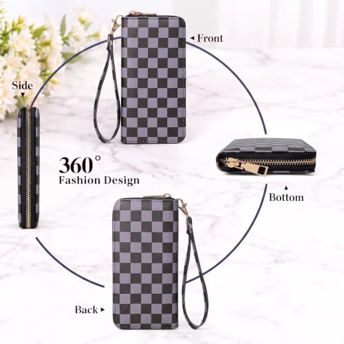 Image of Purple Checkered Wallet for Women, Zip Around Wristlet Wallet