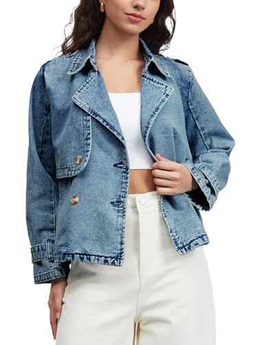 Denim Jacket for Women Lapel Double Breasted Oversized Jean Jacket Fall Casual Trendy Trench Coat with Pockets