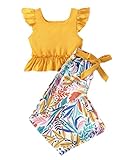 FERWANG Kids Big Girls Summer 2 Piece Outfits Floral Ruffle Hem Top & Plants Print Pants for 5-12Y