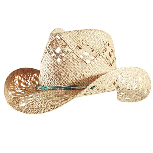Image of Men's Cowboy Hats Summer Women Beach Cowgirl Hat Raffia Unisex Western Sun Hat