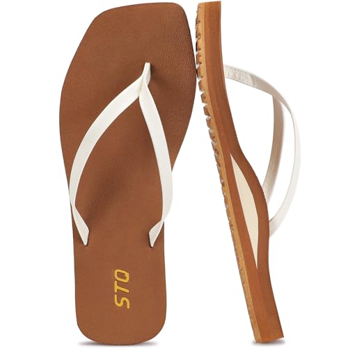 STQ Flip Flops Womens Square Toe Sandals Arch Support Orthopedic Brown Summer Beach Pool Slim Comfortable White Brown Size 10