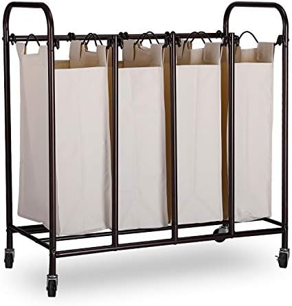 JZM Laundry Hamper, Foldable Heavy-Duty 4-Bag Section Rolling Laundry Sorter Storage Cart on Wheels Multiple Dirty Clothes Bin Box Organizer Basket Frame for Bathroom Bedroom Home Farmhouse