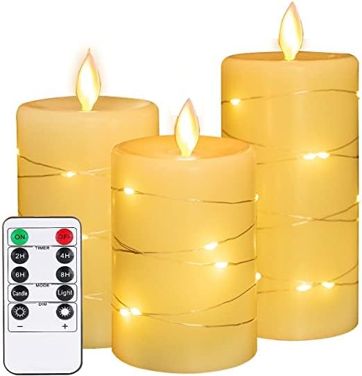 Tappovaly LED Candles with Embedded Fairy Lights 4" 5" 6" Set of 3 Flameless Candles with 10 Button Remote Control 24 Hour Timer Function Dancing Flame Battery Operated with Real Wax