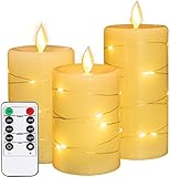 LED Candles with Embedded Fairy Lights 4' 5' 6' Set of 3 Flameless Candles with 10 Button Remote Control 24 Hour Timer Function Dancing Flame Battery Operated with Real Wax