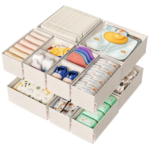 ZenStorage Cotton Linen Drawer Organizer for Baby Clothes, 12Pack Multi-Size Nursery Dresser Dividers for Clothes, Premium Foldable Storage Bins for Bedroom, Closet and Diaper Table, Beige