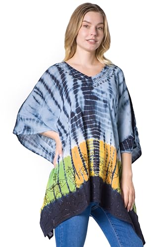 Sakkas Eliana Wide Long Tall Embroidered Tie Dye Ombre Batik Poncho Top Blouse4