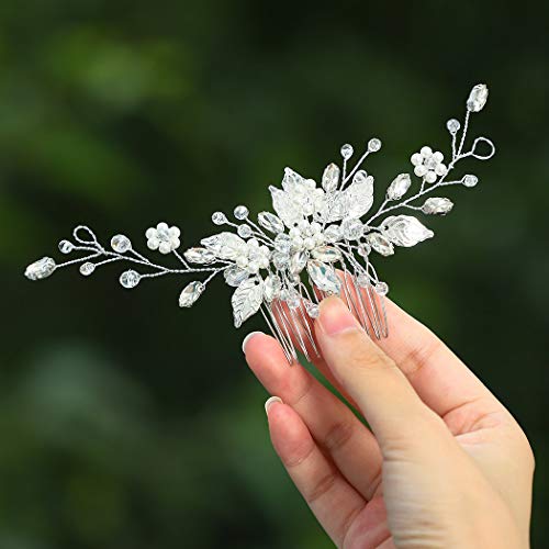 Heread Leaf Bride Wedding Hair Comb Silver Crystal Bridal Hair Piece Pearl Hair Accessories for Women and Girls
