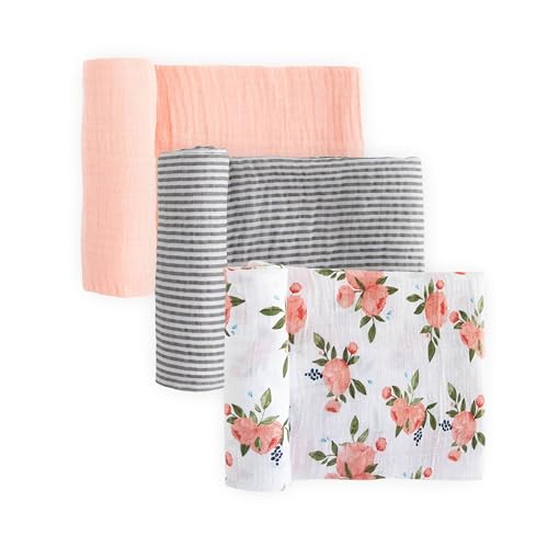 Image of Little Unicorn Premium Muslin Swaddle Blanket 3 Pack | for swaddling, Play, Nursing & More | Giftable Set of 3 (Watercolor Roses)