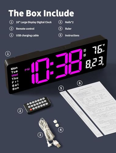 Image of 15-Inch Digital Wall Clock with Large LED Display - Remote Control, Auto-Dimming, Night Light, Date, Day, Temperature, DST Function - Ideal for Living Room, Bedroom (16 Inch Rose Red)