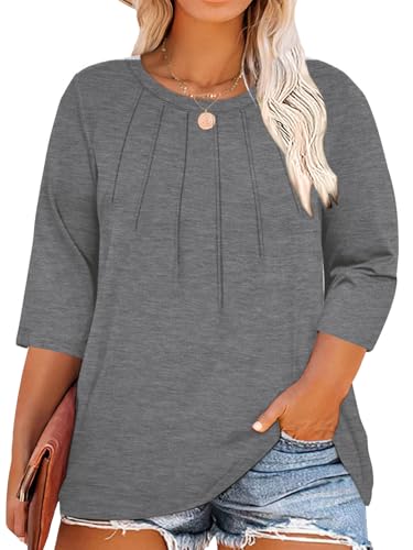 Image of Chulianyouhuo Womens Plus Size Tops 3 /4 Sleeve Casual T Shirts | Crew Neck, Pleated Blouse Tee, Dressy Casual Shirts, Loose Fit Tunic Tops, Soft Fabric, Going Out Outfits