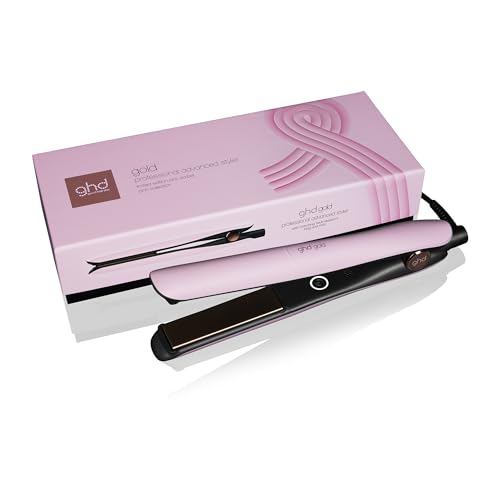 ghd Gold Limited Edition - Plancha de pelo en color rosa sorbete con funda protectora contra el calor, estilo profesional, para cabello liso con más brillo, sin cargas extremas de calor, para todo