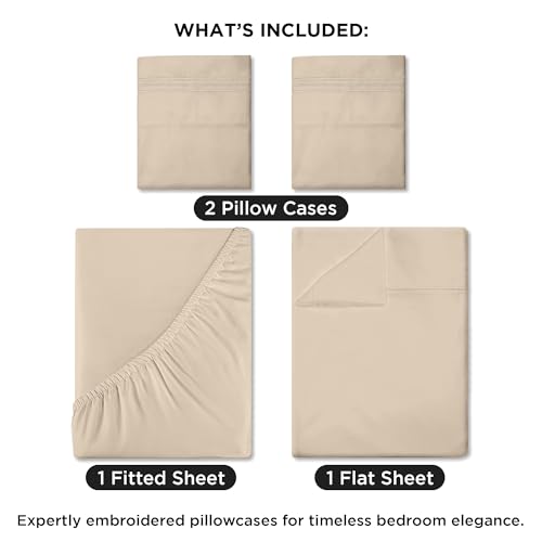 Image of ROYALE LINENS 4 Piece Cal King Sheets Set - Soft Brushed 1800 Microfiber Bedding - 1 Fitted, 1 Flat Sheet, 2 Pillow Cases - Wrinkle Free & Fade Resistant - Hotel Luxury Bed Sheets (Sand, Cal King)
