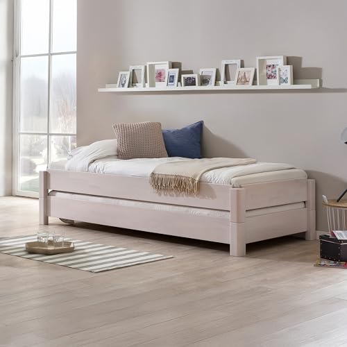 WOODLIVE DESIGN BY NATURE Massivholz Gästebett Stapelbett Twin in Kernbuche weiß (100 x 200 cm)