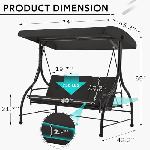 U-MAX Porch Swing Chair with Adjustable Backrest&Canopy, 3 Seat Patio Swing with Canopy 2-in-1 Convertible Outdoor Swing with Canopy Patio Daybed with Removable Black Cushions for Adults