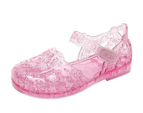 Girls Sandals Flats for Toddler Jelly Shoes Clear T-Strap Slingback Kids Glitter Jellies Princess Dress Slides Soft Retro Summer Beach Closed Toe