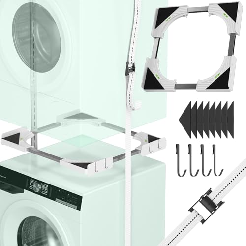 JHCHU Slimline - Kit de apilamiento para Lavadora y Secadora, Marco Universal para electrodomésticos de 45-68 cm, diseño Que Ahorra Espacio con Correa de trinquete y 4 Ganchos multifunción (Blanco)