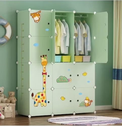 Image of EXVITO Kids Plastic Wardrobe - 12 Door Foldable Almirah for Clothes with Hanging Rod, Collapsible Wardrobe Cartoon Print Cupboard for Baby & Kids Room - GRN