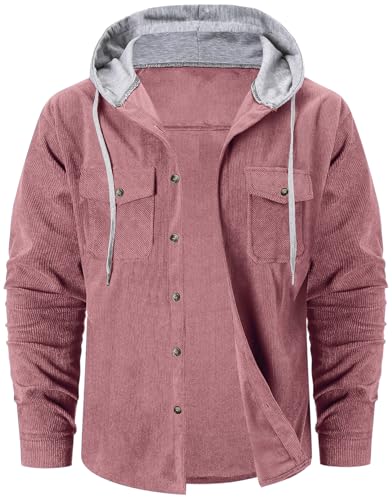Cromoncent Boys&Mens Corduroy Jacket Casual Long Sleeve Button Down Hooded Shirt Shacket
