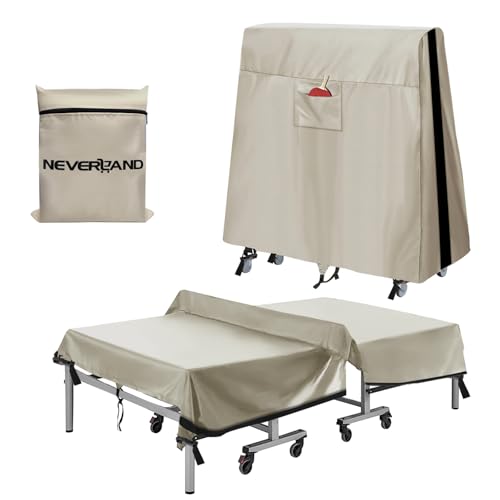 NEVERLAND Ping Pong Table Cover Outdoor Waterproof Table Tennis Cover Indoor & Outdoor Fits Universal 9x5 FT Tables Folding & Flat Tables with Paddles Organize Bag 600D Oxford Fabric Beige