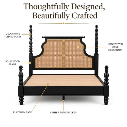 Image of Solid Wood Poster King Size Poster Honeymoon Bed Without Storage with Designer Piller and Cane Crafting for Couple Bedroom (King Size, Walnut Finish, 1 Piece)