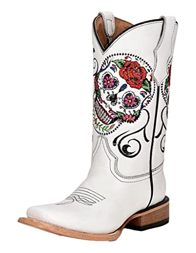 Circle G Western Boots Girls Flowered Embroidery Leather White J7123