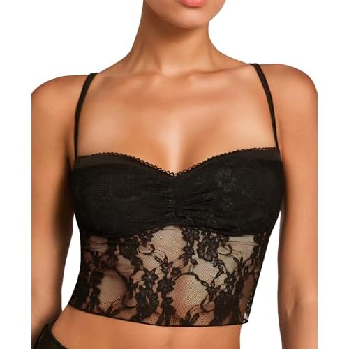 RSLOVE Lace Bralettes for Women - Camisole Lingerie Spaghetti Strap Tube Slim Tank Top Y2k Crop Camisoles Medium Black