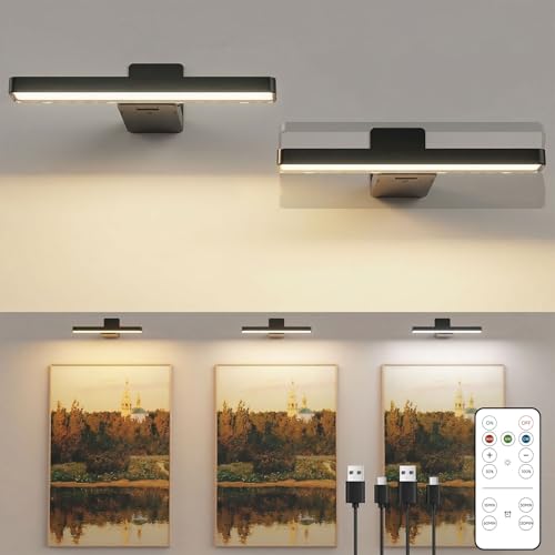 Bilderleuchte Kabellos ohne Bohren, 2 Stück LED Wandleuchte Innen mit Fernbedienung, 3 Farbtemperatur Dimmbar Wandlampe Akku mit Timer, Aufladbar Dart Bildbeleuchtung für Gemälde Malen Foto Art
