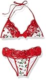 Daisy Beachwear Damen-Bikini mit Kirsch-Aufdruck, mit rotem Spitzenbesatz - Rot - X-Small