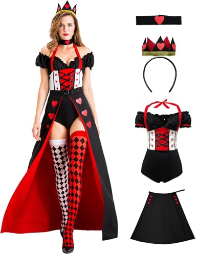 Kolegrial Damen Herzkönigin Kostüm, Poker Drucke Vintage Sexy Jumpsuit mit Schürze Halskette Diadem und Socken für Karneval Halloween Party...