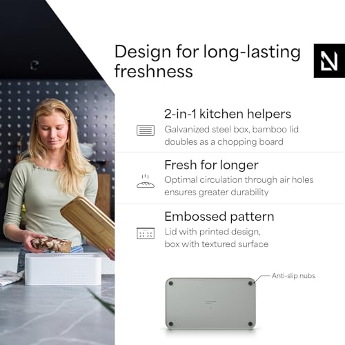 Image of LARS NYSOM Bread Box I Metal Box for long lasting freshness I Bread Bin with bamboo lid usable as cutting board I 13.4x7.7x5.3In (Pebble Gray)