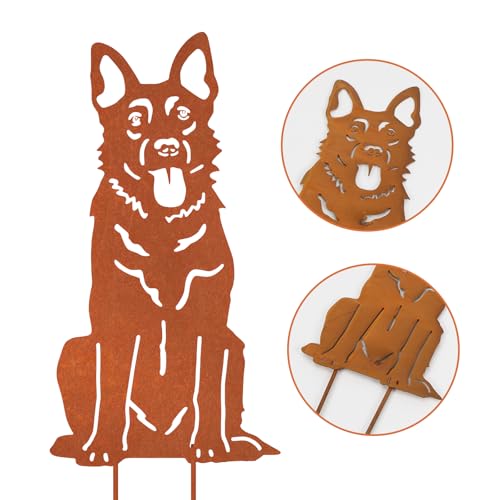 VerLuky Deutscher Schäferhund Gartenstecker Rost,Roststecker Metall Hund für Draußen,Gartendeko Hund,Rost Deko für Garten