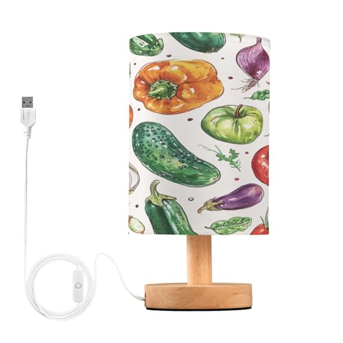 SDMKA Watercolor Vegetables Bedside Table Lamp for Bedroom, Minimalist Nightstand Lamp with Round Fabric Shade for Living Room, Office, No Bulb Required