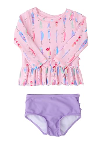 Image of RuffleButts Baby /Toddler Girls Scalloped Long Sleeve Rash Guard 2-Piece UPF50+ Sun Protected Swimsuit