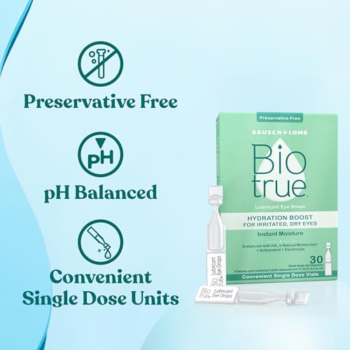 Image of Biotrue Hydration Boost, Preservative-Free Eye Drops for Dry Eyes, Instantly Moisturizes, Rehydrates, Contact Lens Friendly, Refresh & Relieve Eye Irritation, 30 Single-Use Vials (Pack of 1 )