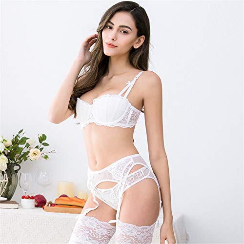 Women Push Up Bras Set Lace Lingerie Bra Panties Garter Stocking 4pcs/lot (V701DD,White, 38C)