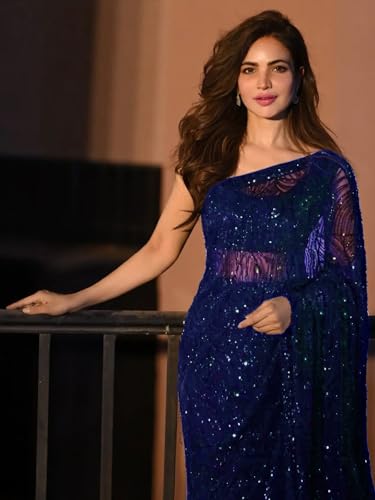 Image of AKHILAM Women's Navy Blue Georgette Embellished Saree With Unstitched Blouse Piece (BITTI605B JR)
