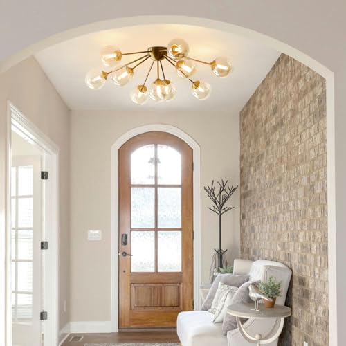 Image of KCO Gold 10-Light Amber Glass Globe Sputnik Semi Flush Mount Ceiling Light