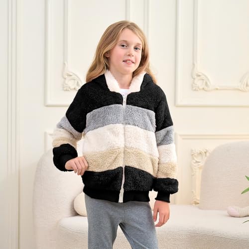 Image of Girls Zip up Hoodie Kids Fuzzy Fleece Jacket with hood Fall Winter Contrast color Pullover Sweatshirt 4-14 Years