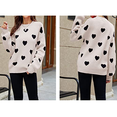 Image of Cute Sweaters for Women Girls Lovely Heart Printed Loose Casual Oversized Sweaters Crewneck Long Sleeve Pullover Knit Top