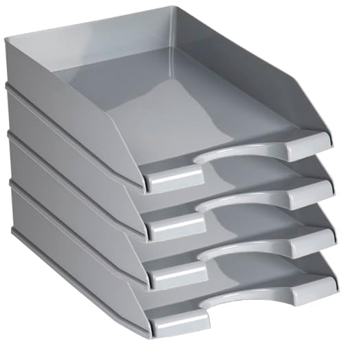 ACAN Tradineur - Pack de 4 bandejas de Oficina apilables, plástico, Organizador Documentos A4, revistas, folletos, sobremesa, Escritorio, Fabricado en España (Gris - 35 x 25,5 x 6,5 cm)