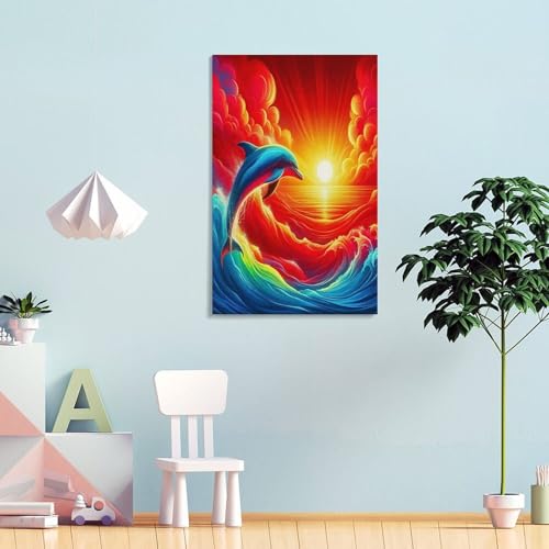 Impression sur toile dauphin au coucher de soleil pour décoration murale de maison 40x60cm