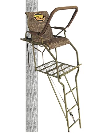 Trophy Treestands Gunny 20' Single Person Ladderstand Comfort-Curved Textilene Seating Padded Armrest Flip Up Adjustable Shooting Rail and Seat TL110