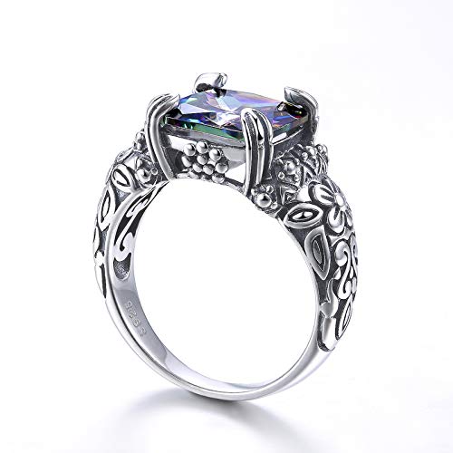 4.25CT Princess Cut Simulated Mystic Rainbow Topaz Antique Design Black Oxidized Finish 925 Sterling Silver Floral Band Gemstone Ring for Women3