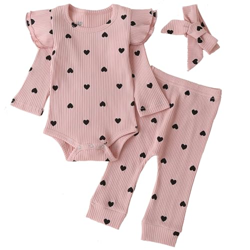 Image of Fullfamous Baby Girl's 3pc Rib Frill Long Sleeve Romper and Pant Set