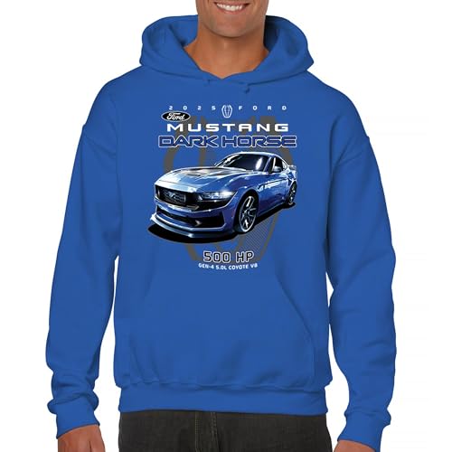 Tee Hunt 25 Ford Mustang Dark Horse Hoodie for Men 500 HP Performance Modern American Muscle Blue Large