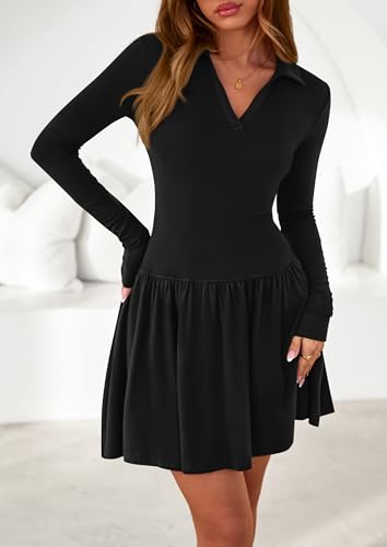 NALANISA Women's Long Sleeve Casual Dress 2025 Fall Lapel Collar V Neck Knit A Line Pleated Swing Cocktail Party Mini Dresses4