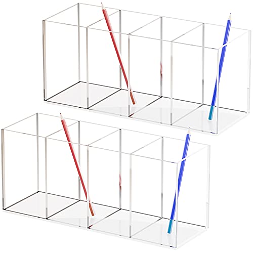 Acrylic Pen Holder 2 Pack, 4 Compartments Clear Pencil Holder for Desk, Acrylic Desk Organizer, Stationery Storage Box, Cosmetic Brush Storage Box, Vanity Storage Box